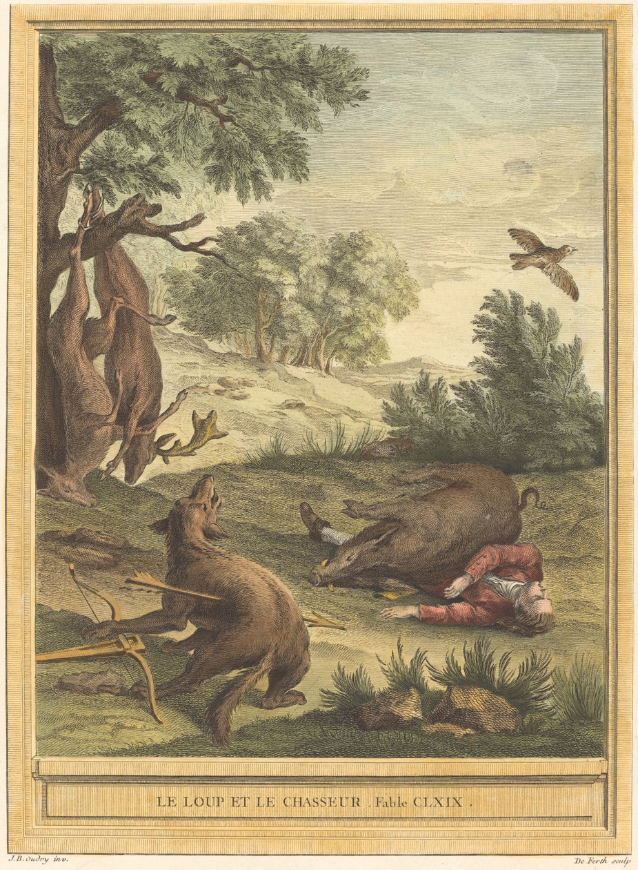 Susi ja metsästäjä tekijältä A. J. de Fehrt after Jean Baptiste Oudry