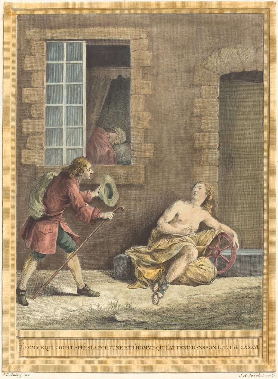 Mies, joka kohtelee omaisuutta ja mies, joka nukkuu sängyssä tekijältä A. J. de Fehrt after Jean Baptiste Oudry