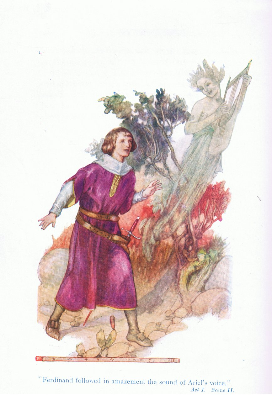 Ferdinand seurasi hämmästyneenä Arielin ääntä (The Tempest) Tales from Shakespeare -pubista. kirjoittanut Ward Lock & Co Ltd tekijältä A. Jackson