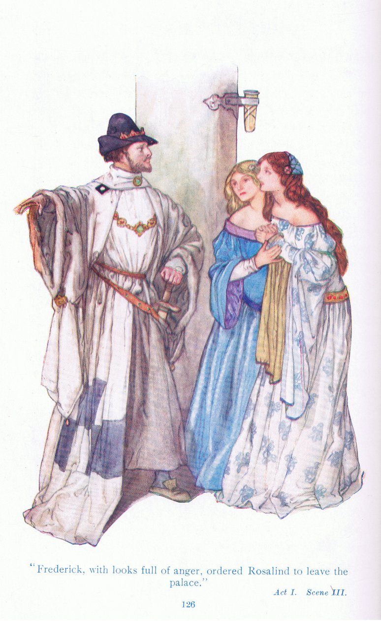 Frederick vihaisen näköisenä käski Rosalindin poistumaan palatsista (As You Like It), Tales from Shakespeare -pubista. kirjoittanut Ward Lock & Co Ltd tekijältä A. Jackson