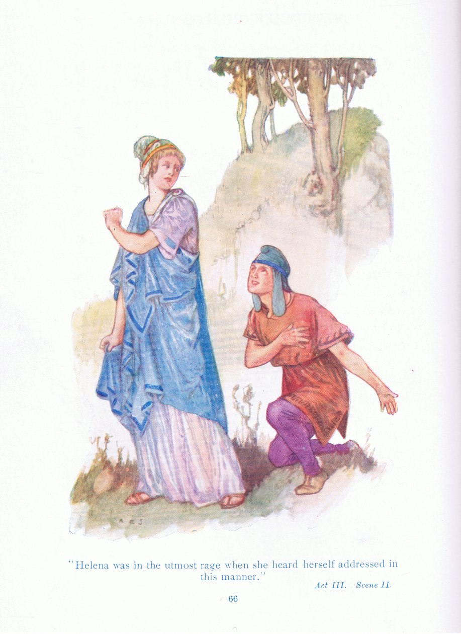 Helena oli äärimmäisen raivoissaan, kun hän kuuli Tales from Shakespeare -pubista puhuttavan itseään tällä tavalla (Kesäyön unelma). kirjoittanut Ward Lock & Co Ltd tekijältä A. Jackson