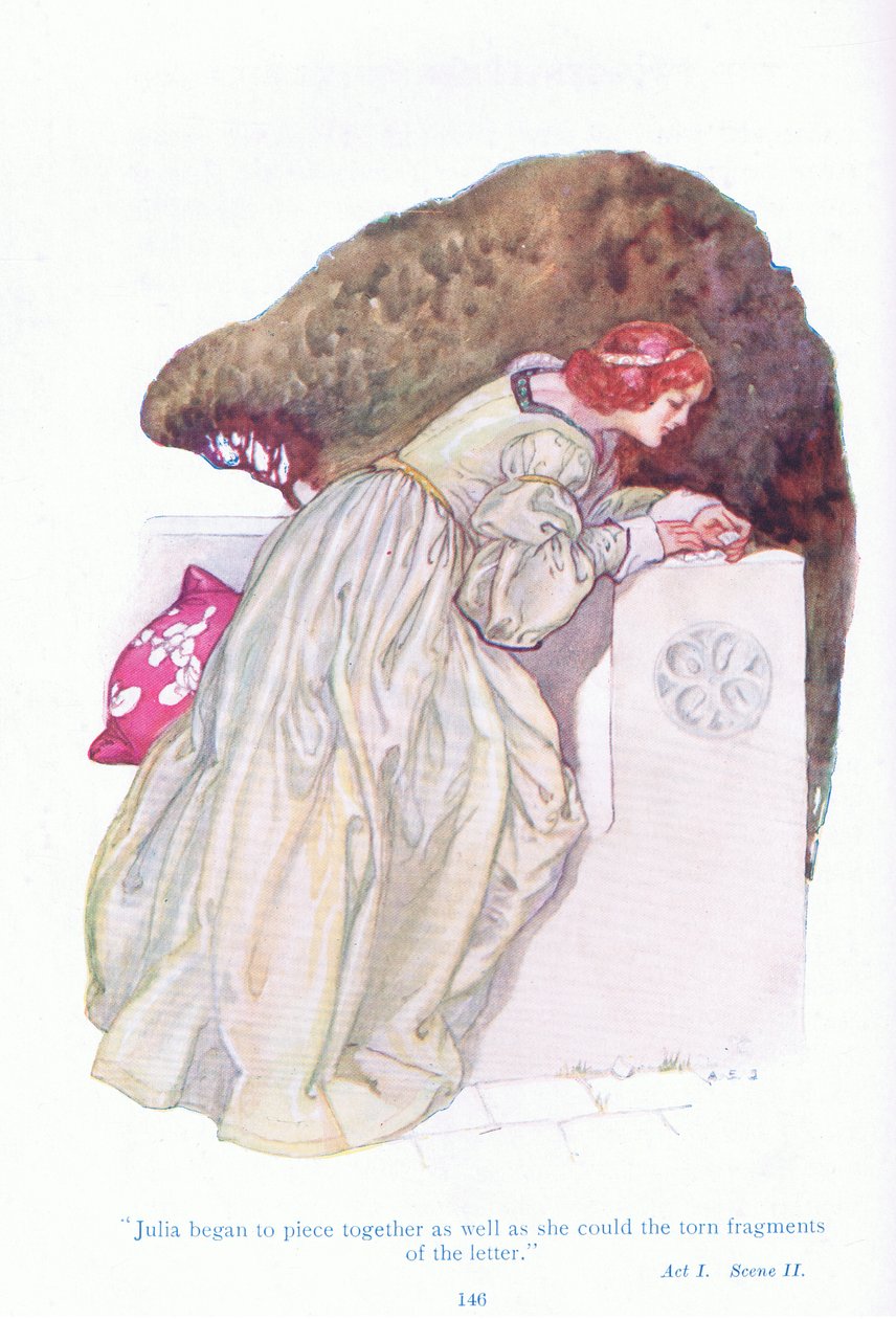Julia alkoi koota yhteen niin hyvin kuin pystyi Tales from Shakespeare -pubin kirjeen (Two Gentlemen of Verona) repeytyneet fragmentit. kirjoittanut Ward Lock & Co Ltd tekijältä A. Jackson