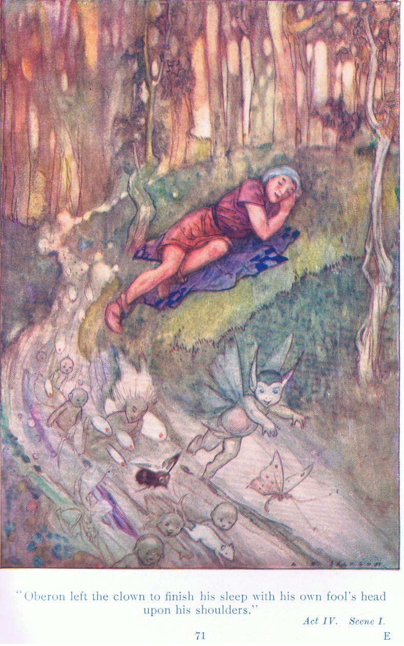 Oberon jätti klovnin lopettaakseen unensa tyhmän pää harteillaan (kesäyön unelma), Tales from Shakespeare -pubista. kirjoittanut Ward Lock & Co Ltd tekijältä A. Jackson