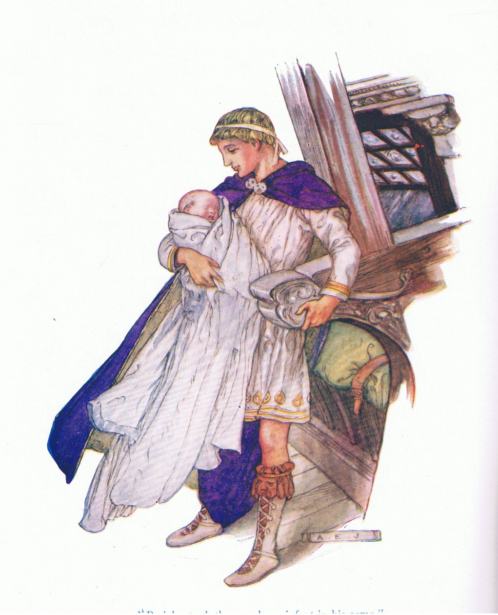 Perikles otti vastasyntyneen lapsen syliinsä (Pericles Prince of Tyre) Tales from Shakespeare -pubista. kirjoittanut Ward Lock & Co Ltd tekijältä A. Jackson