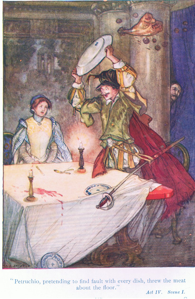 Petruchio teeskenteli löytävänsä virheen jokaisesta ruoasta, ja heitti lihan lattialle (Ting ofthe Shrew), Tales from Shakespeare -pubista. kirjoittanut Ward Lock & Co Ltd tekijältä A. Jackson