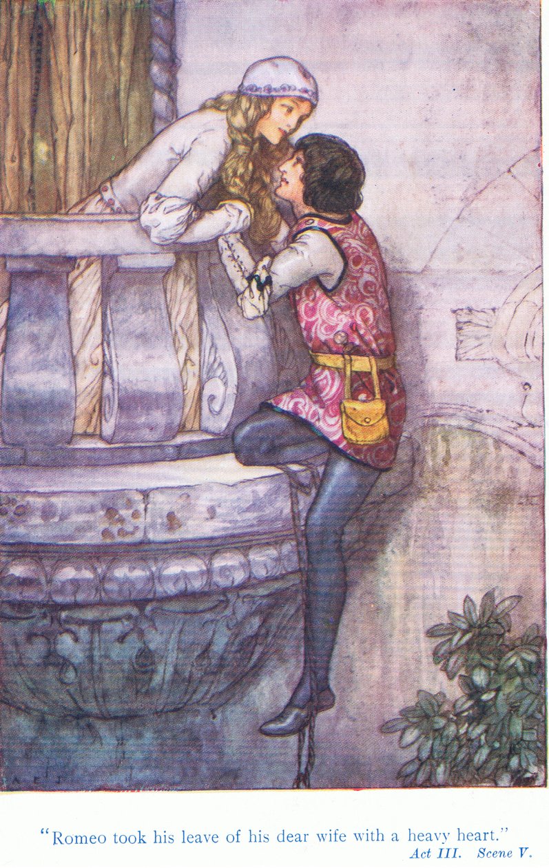 Romeo jätti rakkaalle vaimolleen raskaalla sydämellä (Romeo ja Julia), Tales from Shakespeare -pubista. kirjoittanut Ward Lock & Co Ltd tekijältä A. Jackson