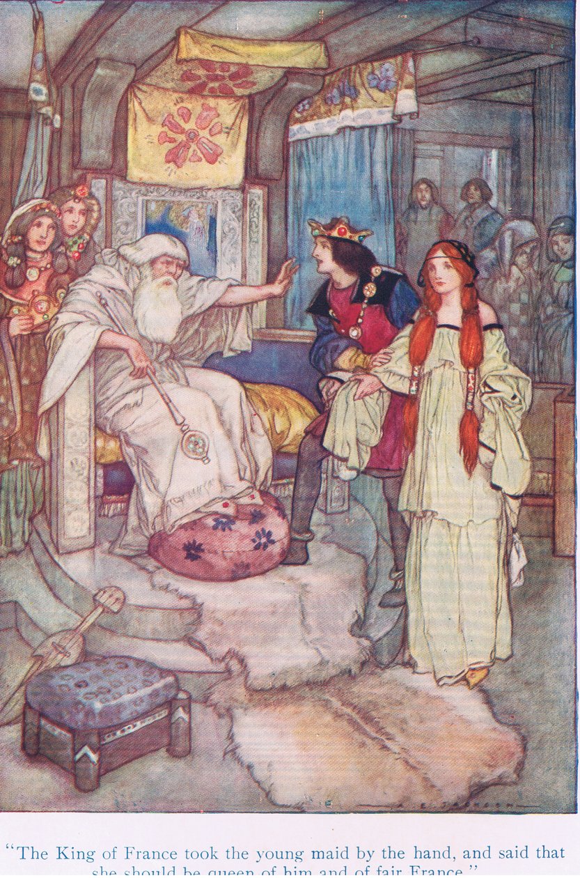 Ranskan kuningas otti nuoren piikan kädestä ja sanoi, että tämän pitäisi olla hänen ja kauniin Ranskan kuningatar (Kuningas Lear), Tales from Shakespeare -pubista. kirjoittanut Ward Lock & Co Ltd tekijältä A. Jackson