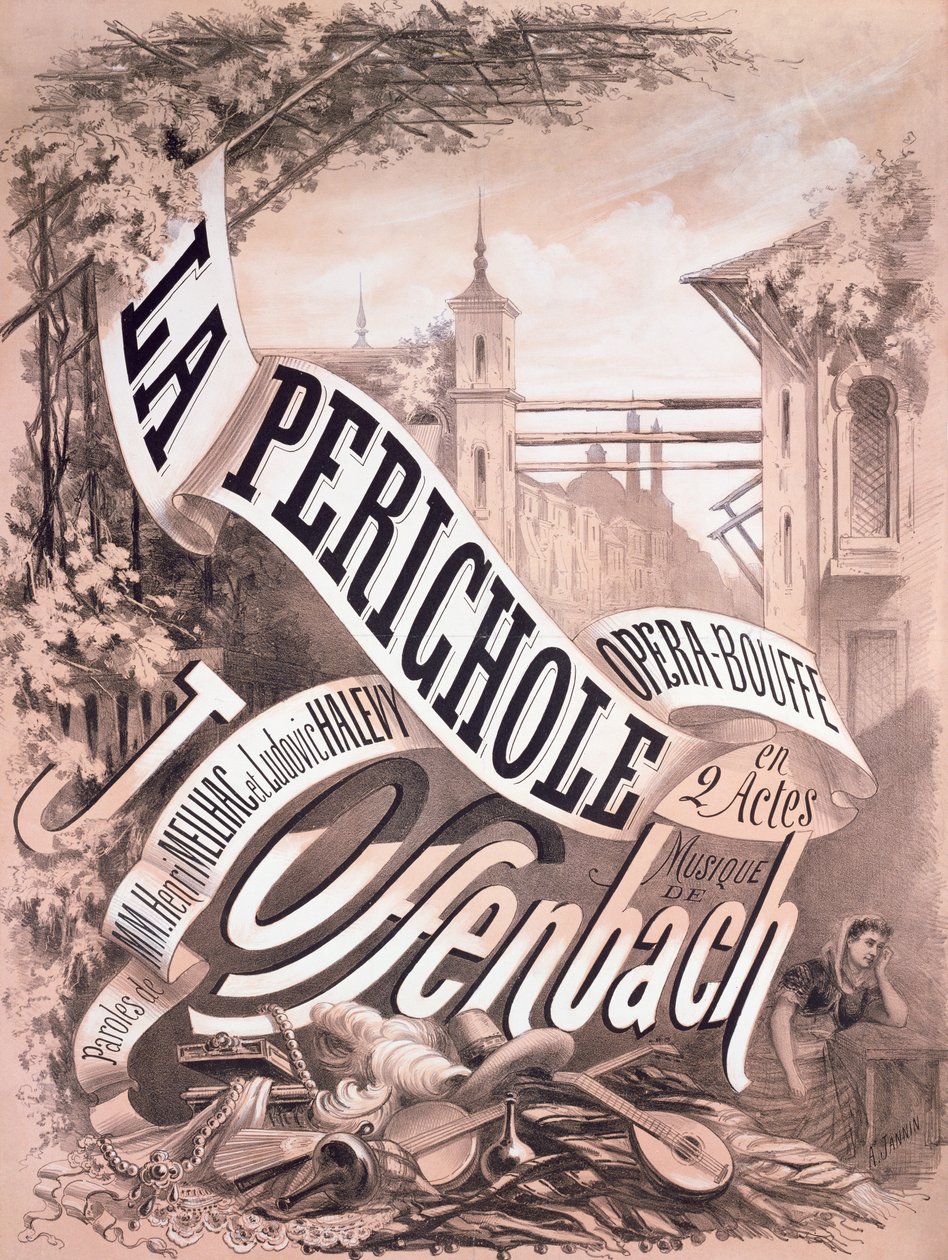 Juliste "La Perichole", Jacques Offenbachin (1819-80), Henri Meilhacin (1830-97) ja Ludovic Halevyn (1834-1908) operetti 1868 (litografia) tekijältä A. Jannin