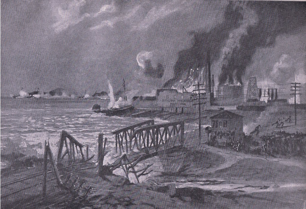 Itävaltalais-Unkarin torpedohävittäjät tuhosivat telakan Barissa (Italia), pubista The Illustrated History of the World War 1914-1915. kirjoittanut Union Berlagsefellfchaft tekijältä A. Kircher