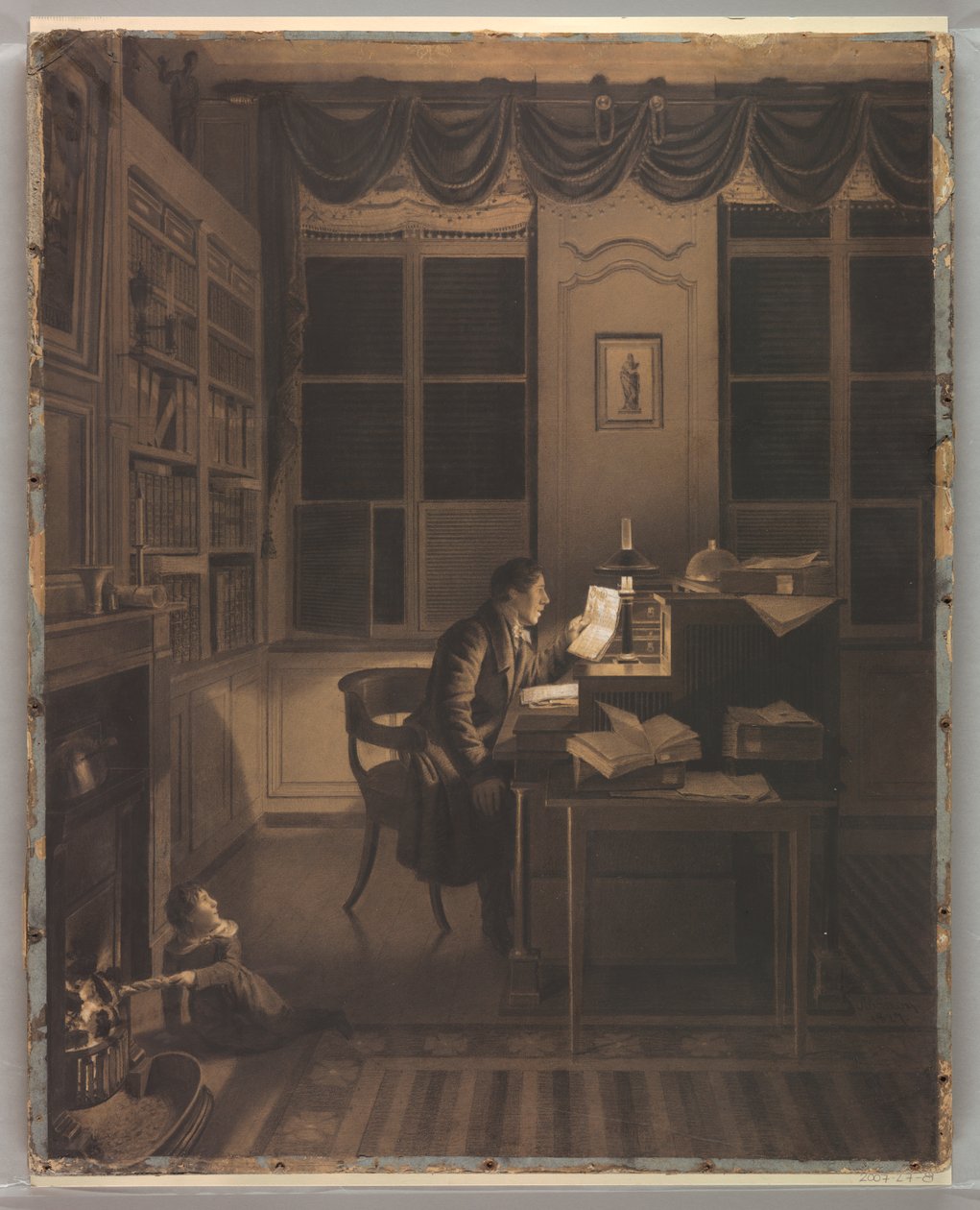 Piirros, sisätila, jossa mies lukee kirjoituspöydän ääressä, 1827 tekijältä A. L. Leroy