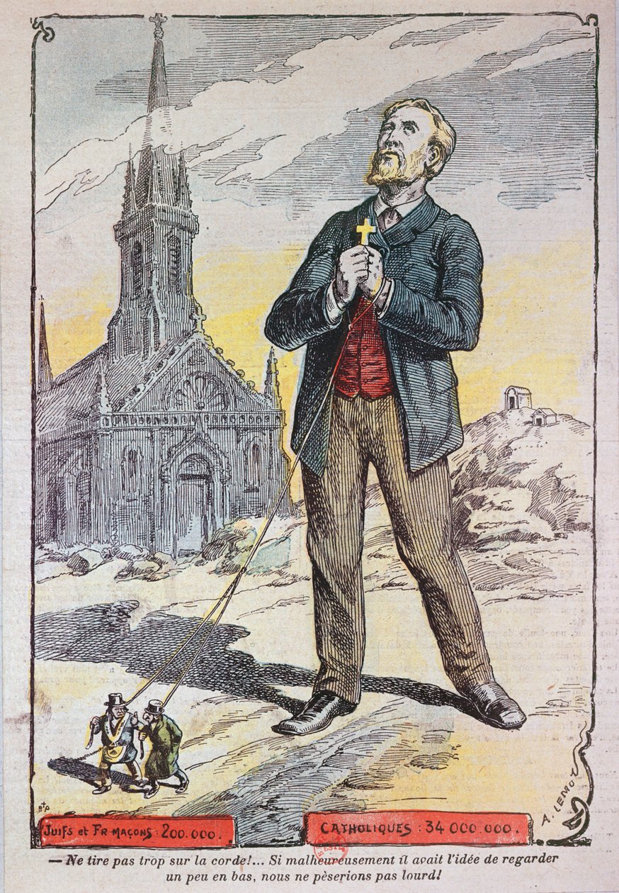 Karikatyyri katolisesta Le Pelerin-lehdestä, jossa viitataan Ranskan hallituksen laicisointipolitiikkaan 1900-luvun alussa, n. 1902-05 tekijältä A Lemot