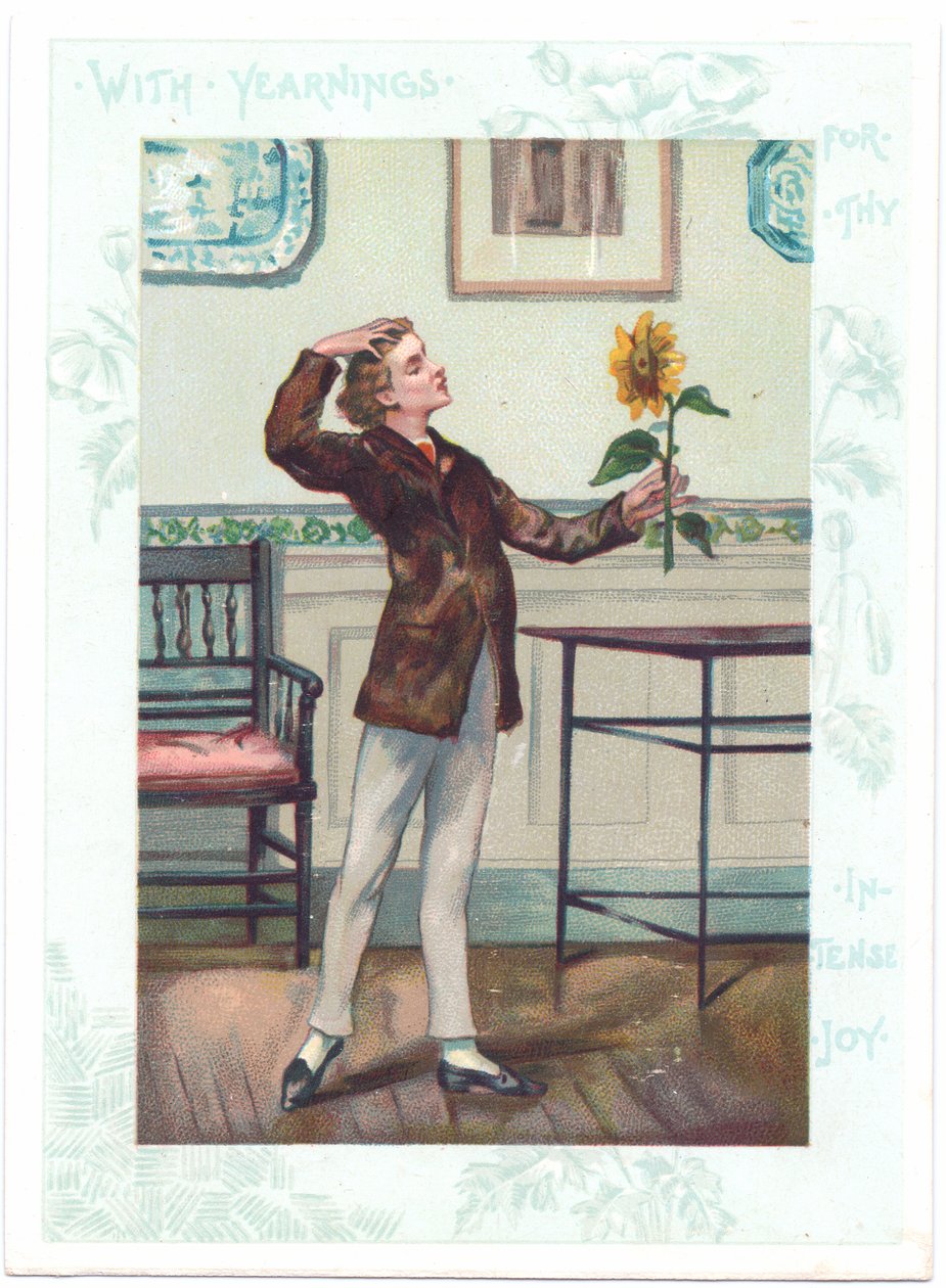 Kukkakatselija Victorian Greeting Card of an Aesthetic, joka ihailee auringonkukkaa ekstaasiassa, n. 1881 (väri litho) tekijältä A. Ludovici