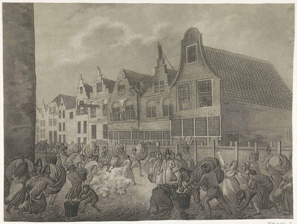 Muotin romahtaminen Kortendijkin varrella Gorinchemissa, 1809 Neljä tulvalevyä vuonna 1809, omistettu kuningas Louis Napoleonille (sarjan nimi) tekijältä A. Lutz