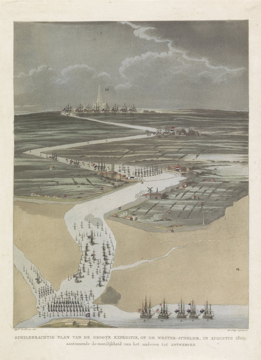 Brittiläinen retkikunta Antwerpeniin, 1809 Suuren retkikunnan maalauksellinen suunnitelma Länsi-Scheldtillä elokuussa 1809, joka osoittaa Antwerpenin lähestymisen vaikeuden (otsikko esineessä) tekijältä A. Lutz