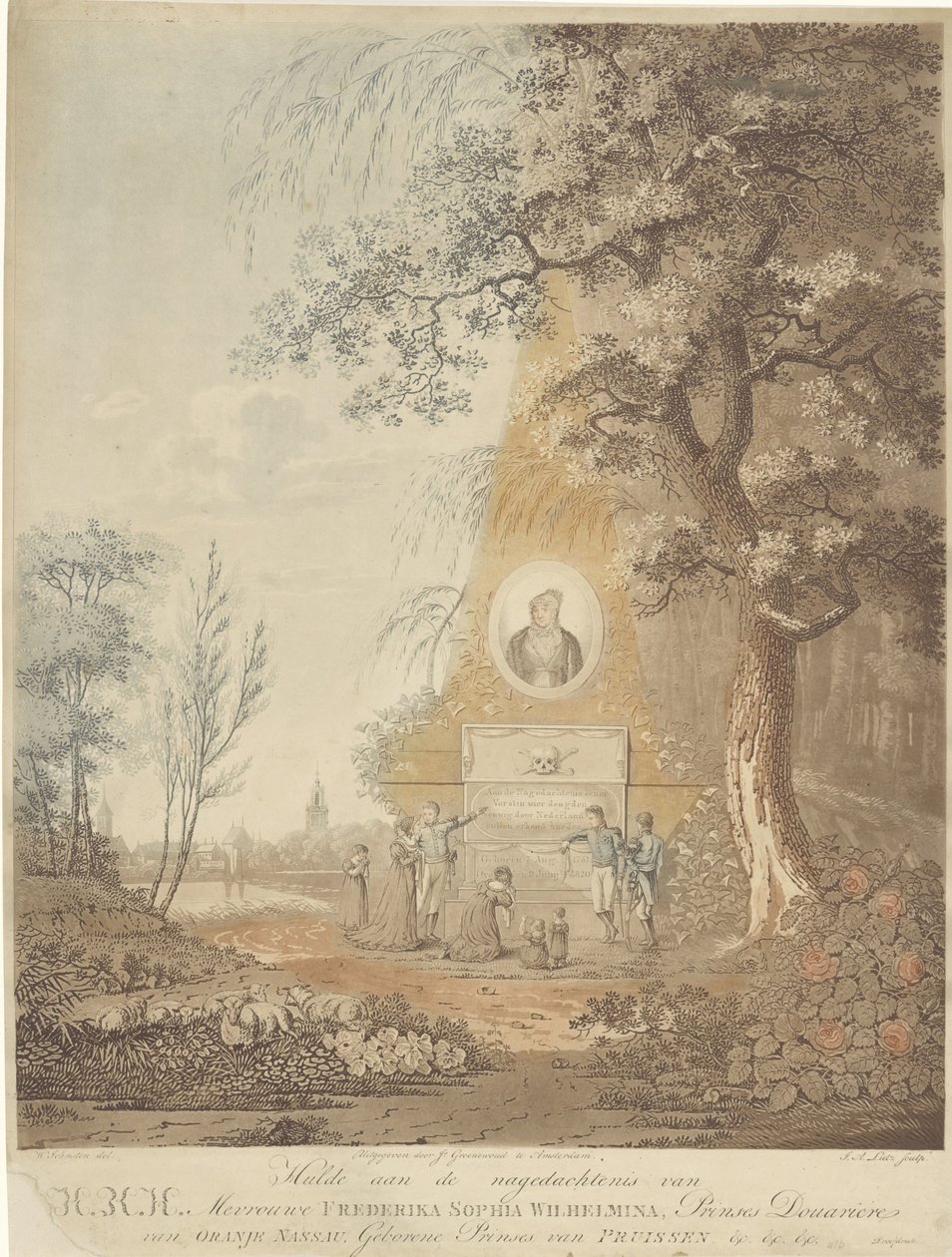 Muistoneula Preussin Wilhelminan kuoleman kunniaksi Kunnianosoitus HRH Madame Frederika Sophia Wilhelminan, Oranje Nassaun prinsessa Douarieren muistolle (nimi esineessä) tekijältä A. Lutz