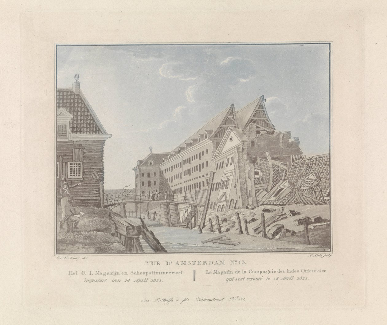Näkymä romahtaneesta East Indies Sea Warehousesta Amsterdamissa, 1822 O.I. Varasto ja telakka / Le Magasin de la Compagnie des Indes Orientales (otsikko esineessä) Näkymät Amsterdamista (sarjan nimi) tekijältä A. Lutz