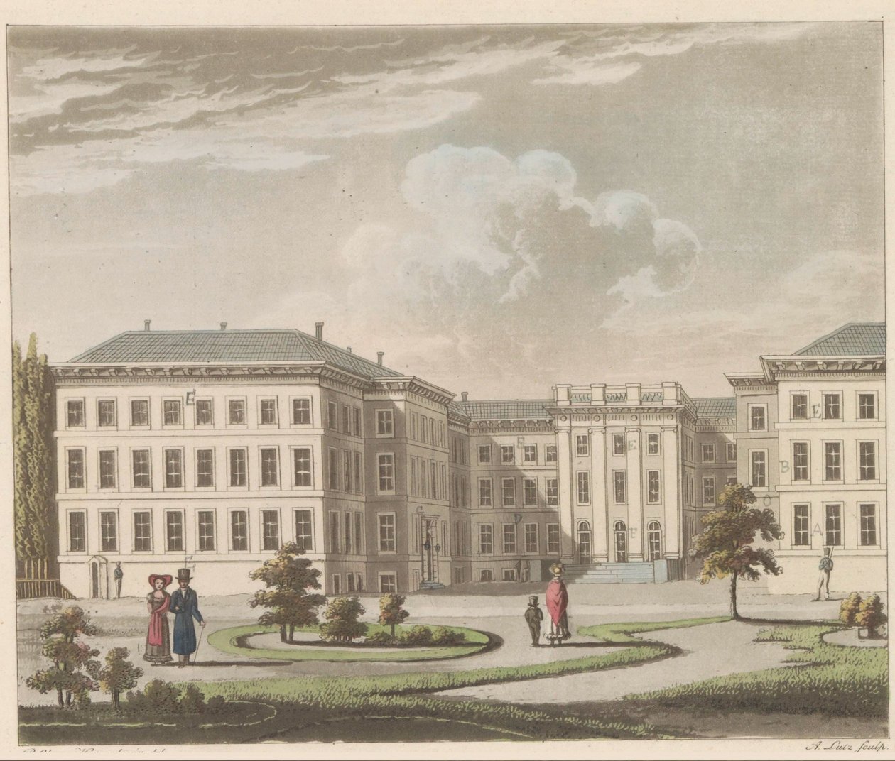 Noordeinden palatsi Haagissa, 1810-1825 Le Palais royal à La Haye, vu du jardin / Haagin kuninkaallinen palatsi puutarhan puolelta katsottuna (otsikko esineessä) tekijältä A. Lutz