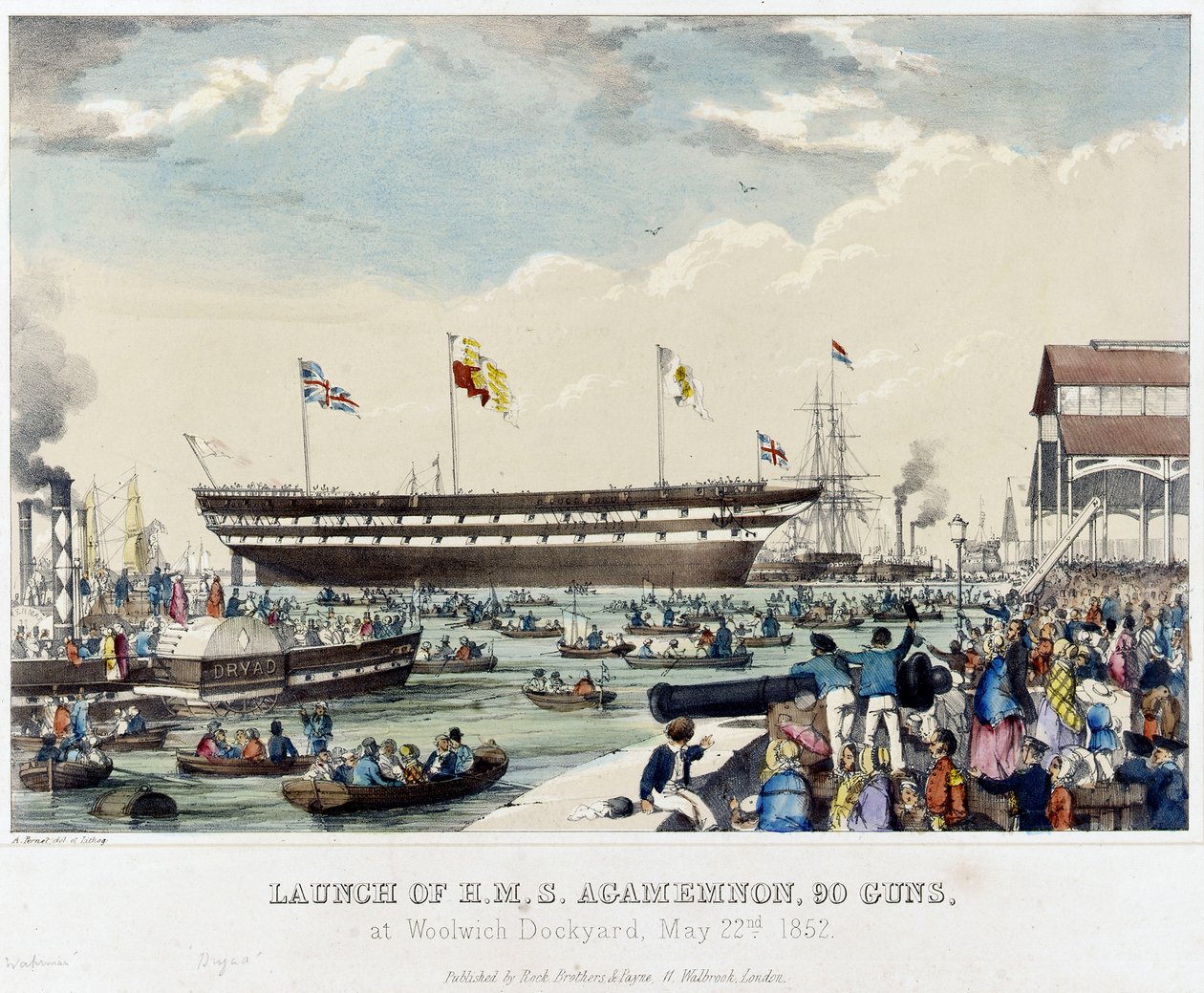 HMS "Agamemnon", 90 tykkiä, lasketaan vesille Woolwichin telakalla 22. toukokuuta 1852. tekijältä A. Pernet