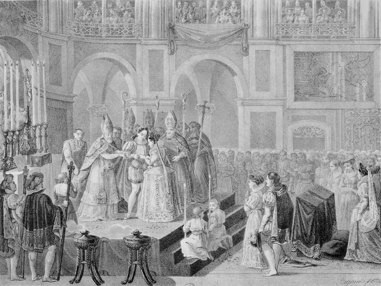 Henri III:n (1553-1610) ja ranskalaisen Margueriten (1553-1615) avioliitto vuosina 1572, 1832 tekijältä A. Regnier