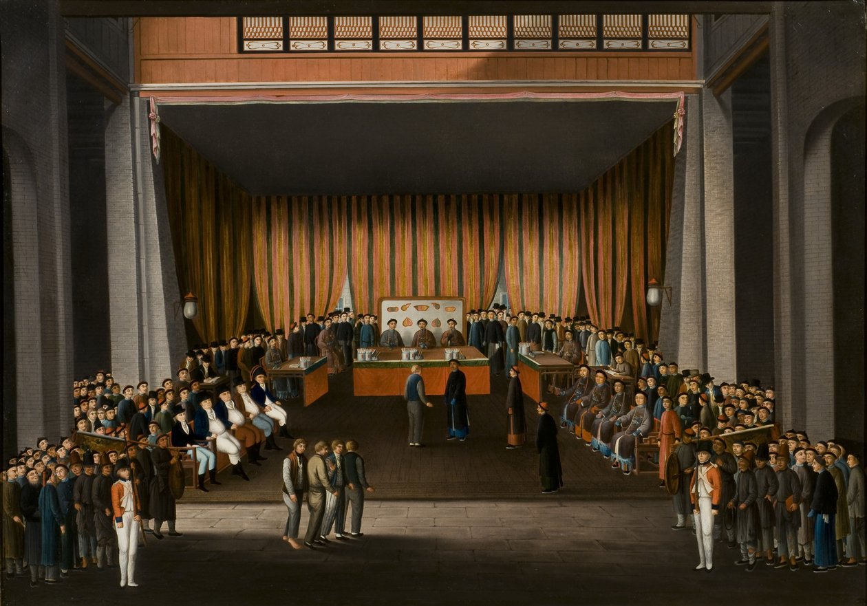 Kiinalainen tuomioistuin Kantonin brittitehtaan salissa 9. huhtikuuta 1807, noin 1810 (öljy paperille). tekijältä A. Roland Knight