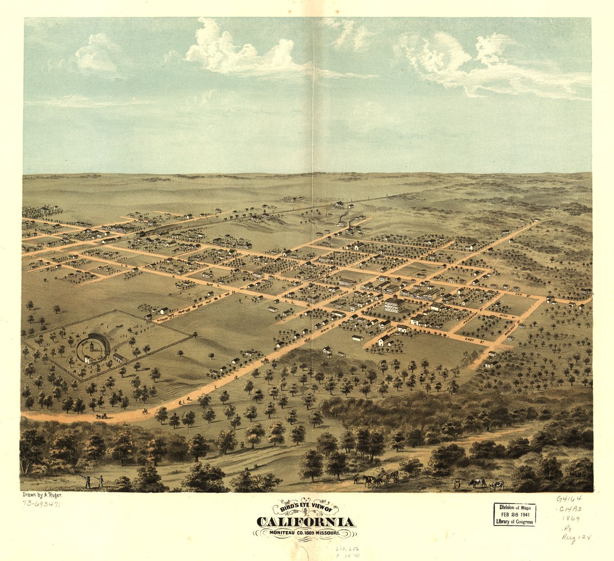 Kalifornian lintuperspektiivistä, Moniteau Co., Missouri 1869. LOC 73693471 tekijältä A. Ruger