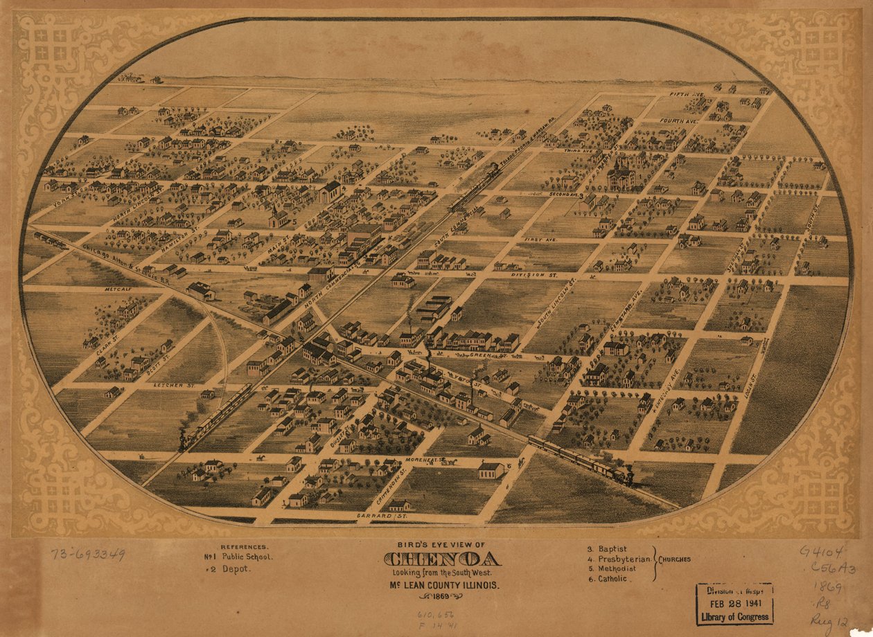 Chenoa, McLean County, Illinois 1869, lintuperspektiivistä. LOC 73693349 tekijältä A. Ruger