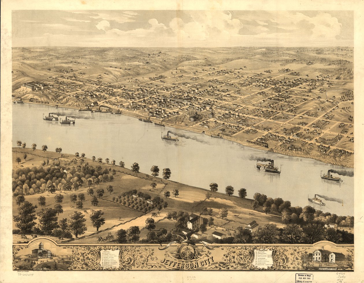 Jefferson City, Missourin pääkaupunki, lintuperspektiivistä 1869. LOC 73693479 tekijältä A. Ruger