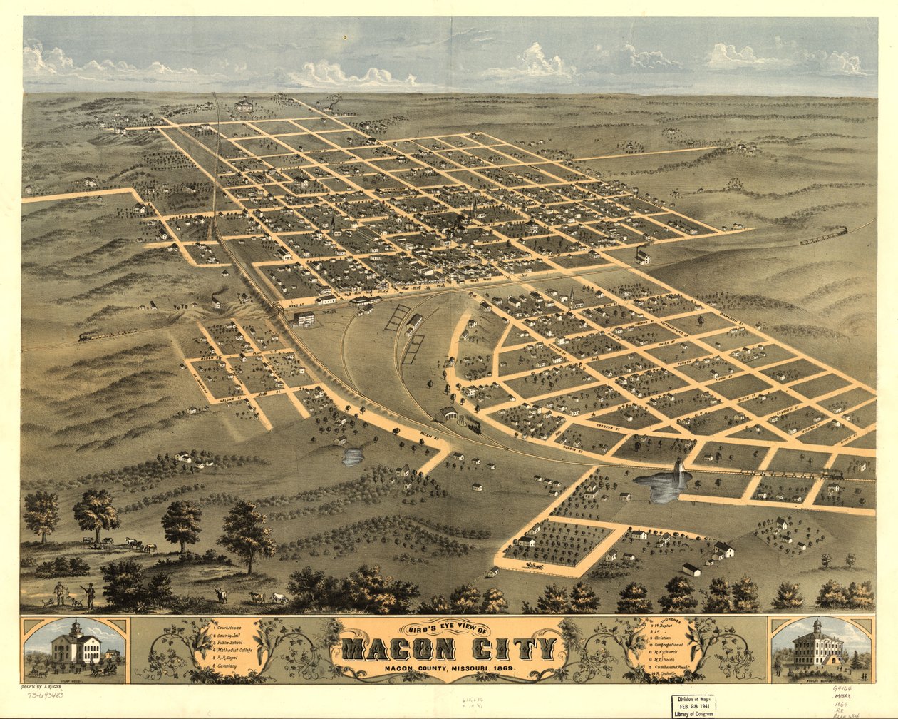 Macon City, Maconin piirikunta, Missouri 1869, lintuperspektiivistä. LOC 73693483 tekijältä A. Ruger