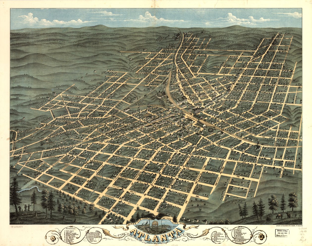 Atlantan kaupunki, Georgian pääkaupunki, lintuperspektiivistä 1871. LOC 73693339 tekijältä A. Ruger