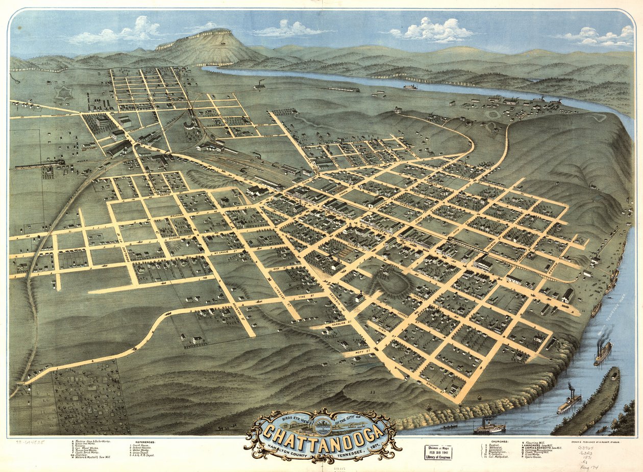 Lintuperspektiivistä Chattanoogan kaupunki, Hamilton County, Tennessee 1871. tekijältä A. Ruger