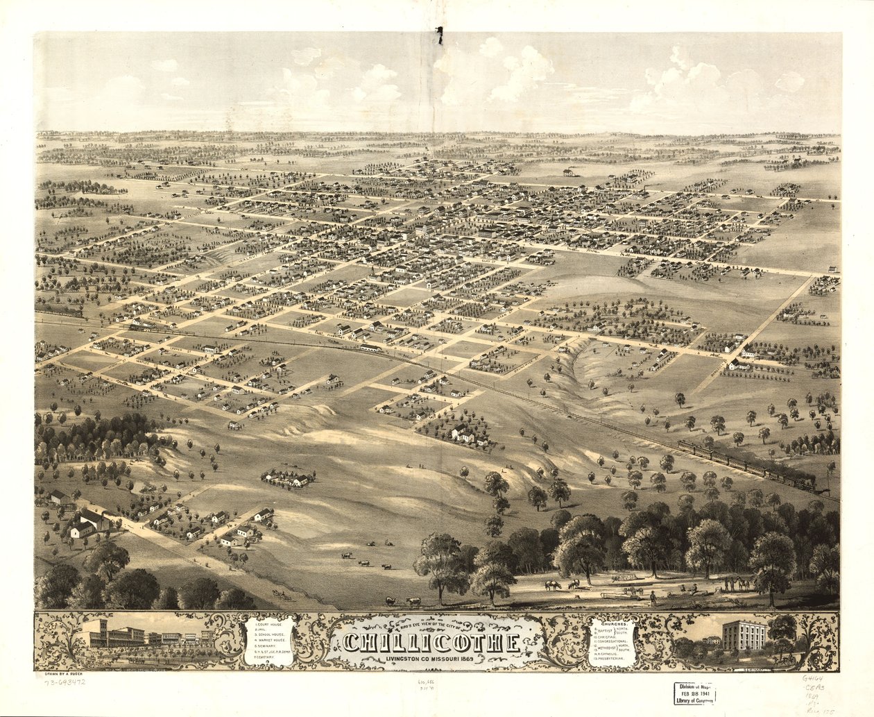Chillicothen kaupunki lintuperspektiivistä, Livingston Co., Missouri 1869. LOC 73693472 tekijältä A. Ruger