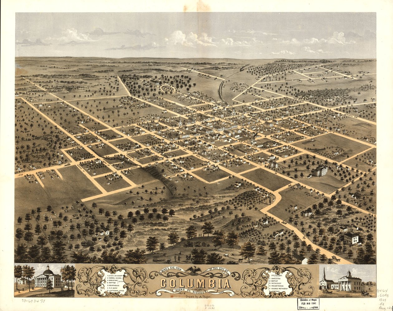 Kolumbian kaupunki lintuperspektiivistä, Boone Co., Missouri 1869. LOC 73693473 tekijältä A. Ruger