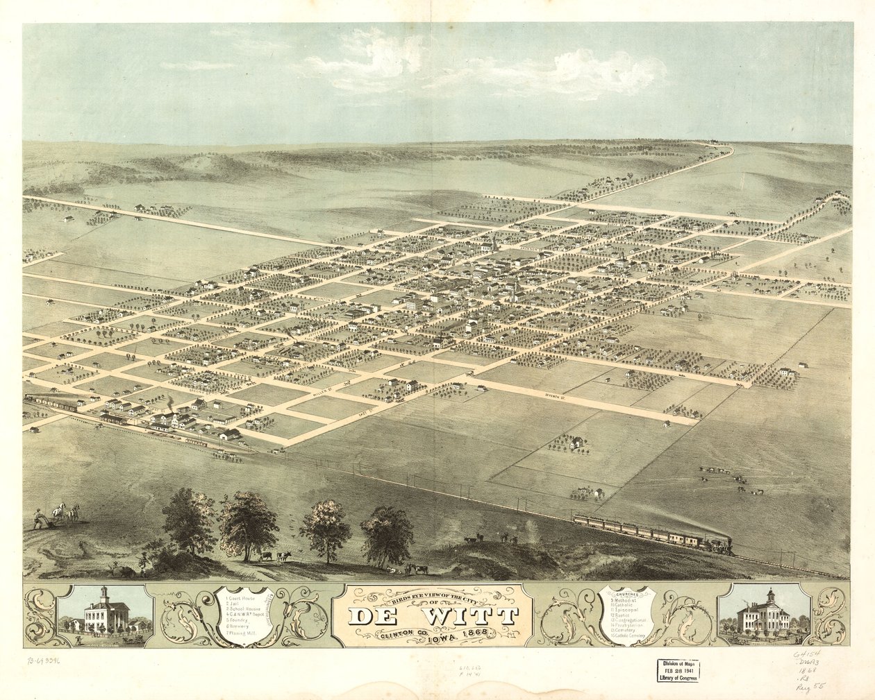 De Wittin kaupungin lintuperspektiivi, Clinton Co., Iowa 1868. LOC 73693396 tekijältä A. Ruger
