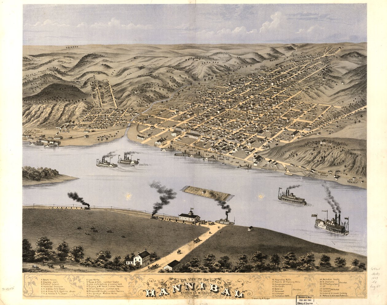 Hannibalin kaupunki lintuperspektiivistä, Marion Co., Missouri 1869. LOC 73693475 tekijältä A. Ruger