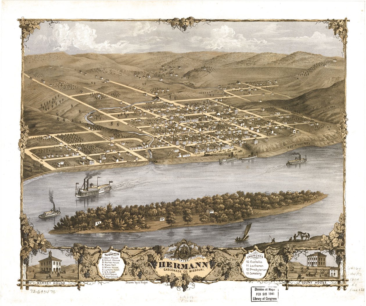 Hermannin kaupunki lintuperspektiivistä, Gasconade Co., Missouri 1869. LOC 73693476 tekijältä A. Ruger
