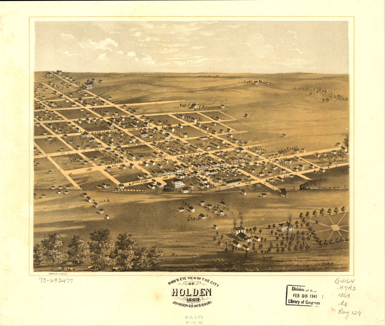 Holdenin kaupunki lintuperspektiivistä, Johnson Co., Missouri 1869. LOC 73693477 tekijältä A. Ruger