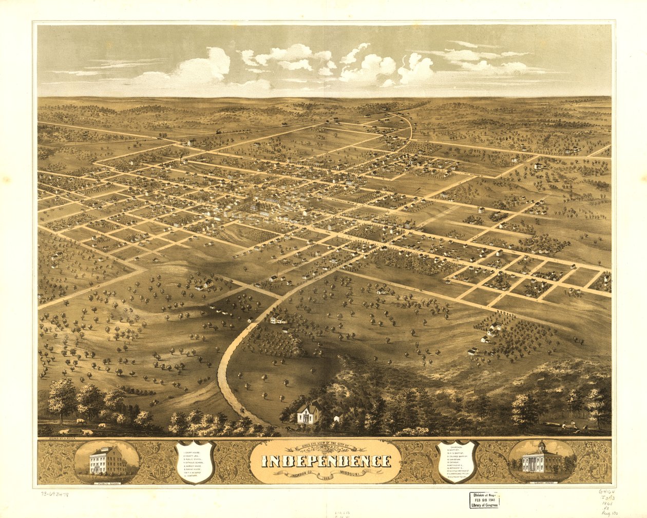 Independencen kaupunki lintuperspektiivistä, Jackson Co., Missouri 1868. LOC 73693478 tekijältä A. Ruger