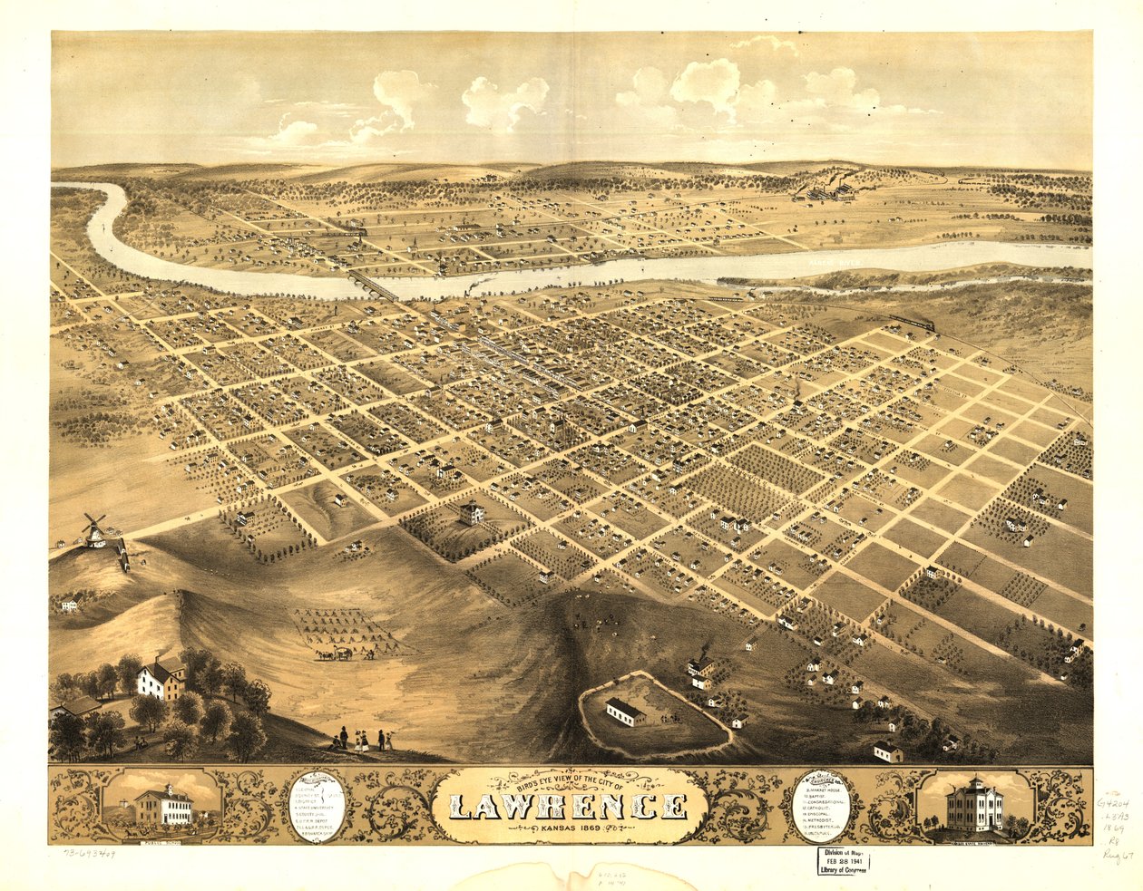 Lawrencen kaupunki lintuperspektiivistä, Kansas 1869. LOC 73693409 tekijältä A. Ruger