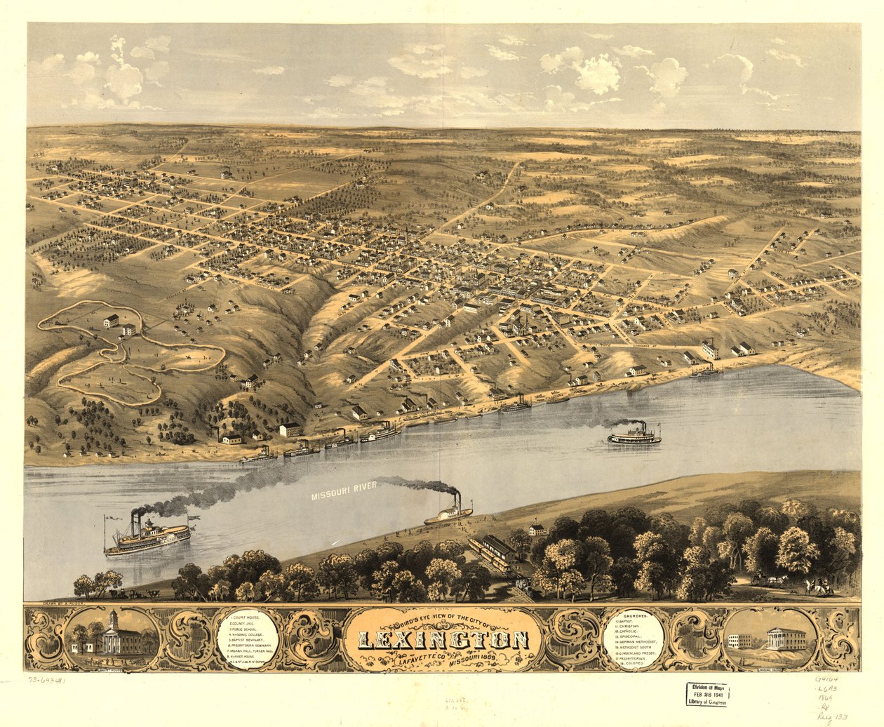 Lexingtonin kaupunki lintuperspektiivistä, Lafayette Co., Missouri 1869. LOC 73693481 tekijältä A. Ruger