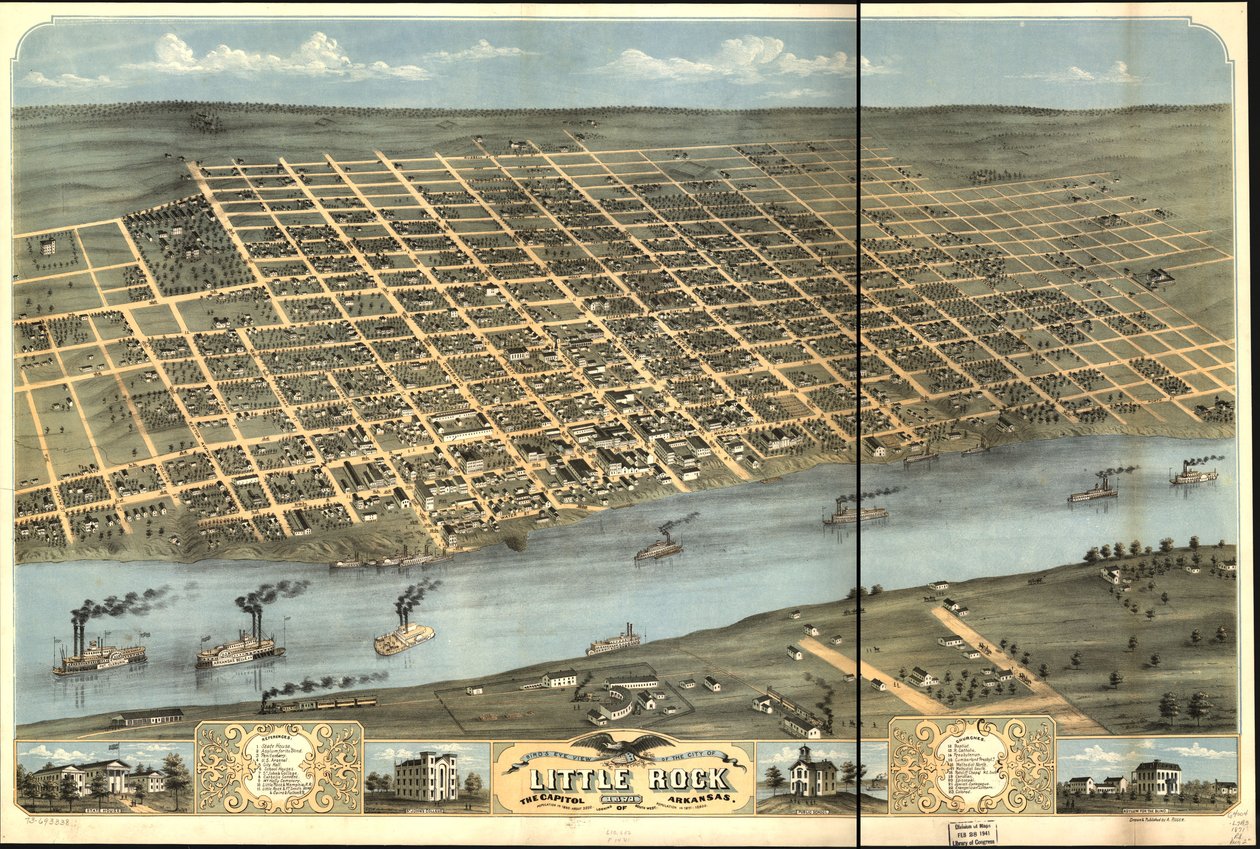 Lintuperspektiivistä Little Rockin kaupunkiin, Arkansasin pääkaupunkiin 1871. tekijältä A. Ruger