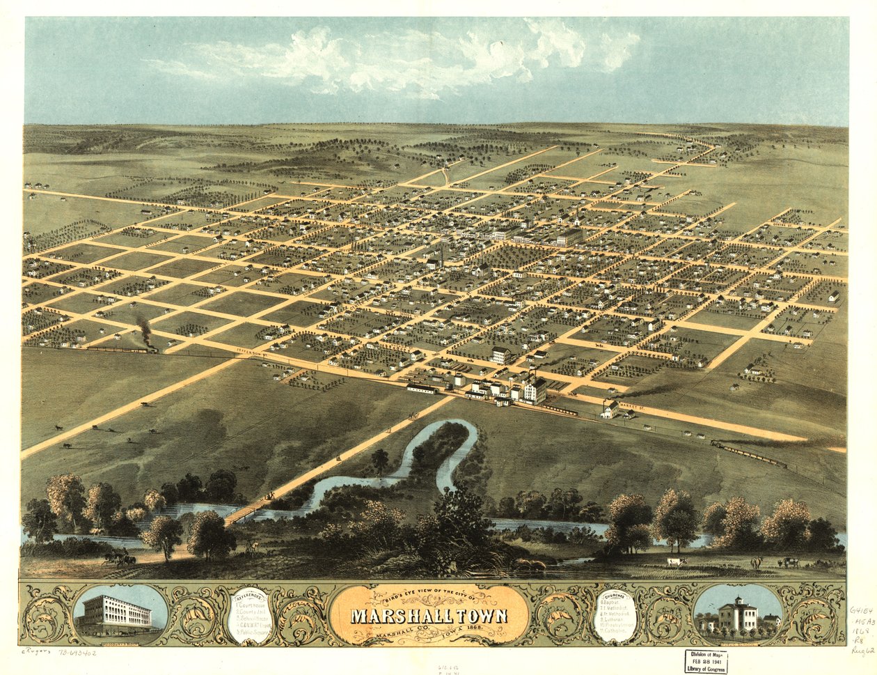 Marshalltownin kaupunki lintuperspektiivistä, Marshall Co., Iowa 1868. LOC 73693402 tekijältä A. Ruger