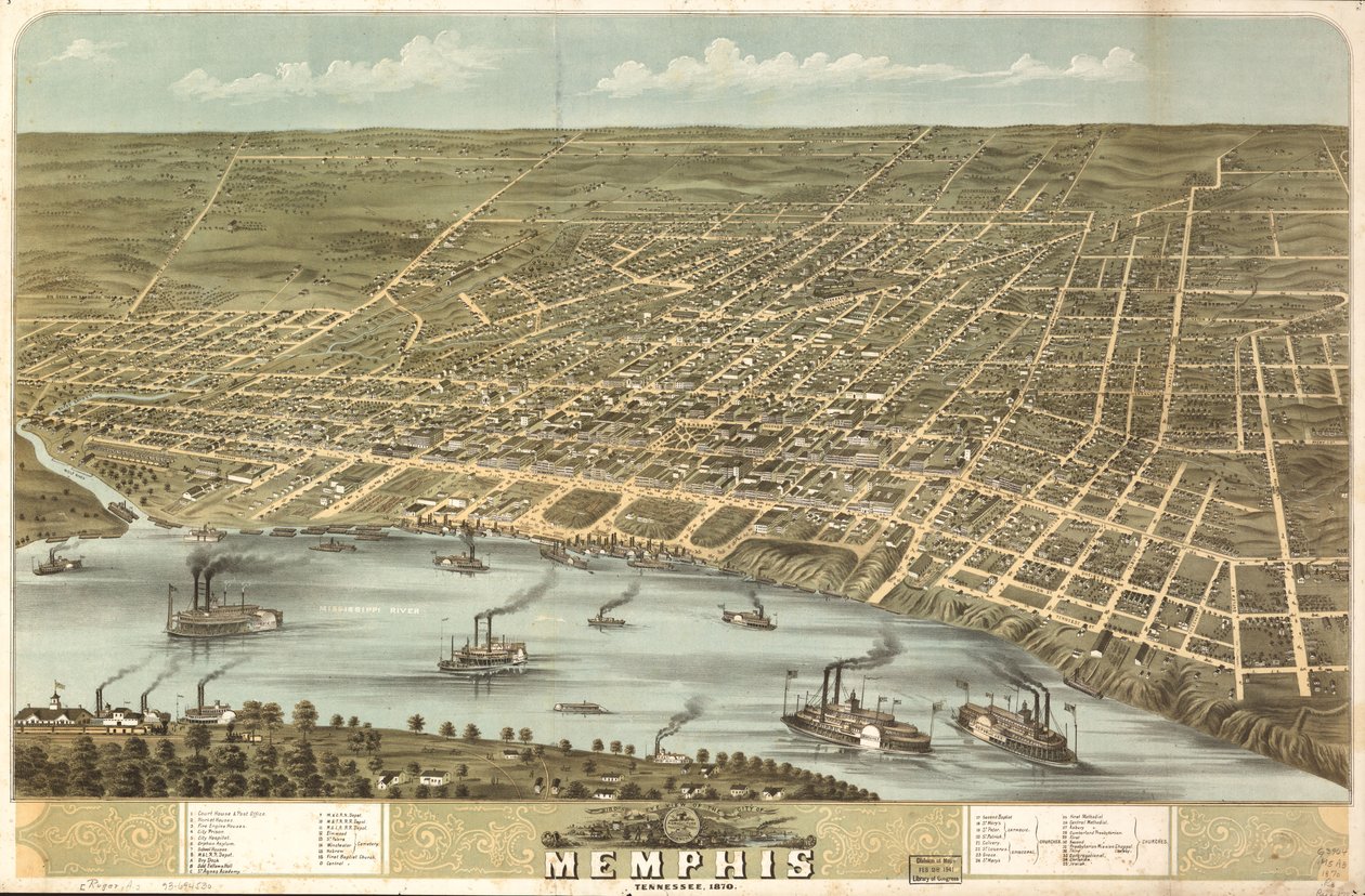 Memphisin kaupunki lintuperspektiivistä, Tennessee 1870. LOC 73694530 tekijältä A. Ruger