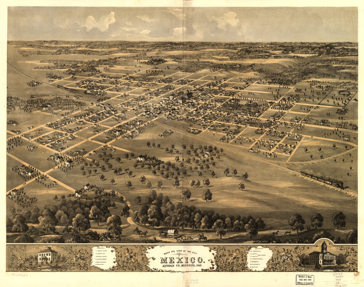 Meksikon kaupunki lintuperspektiivistä, Audrian Co., Missouri 1869. LOC 73693484 tekijältä A. Ruger