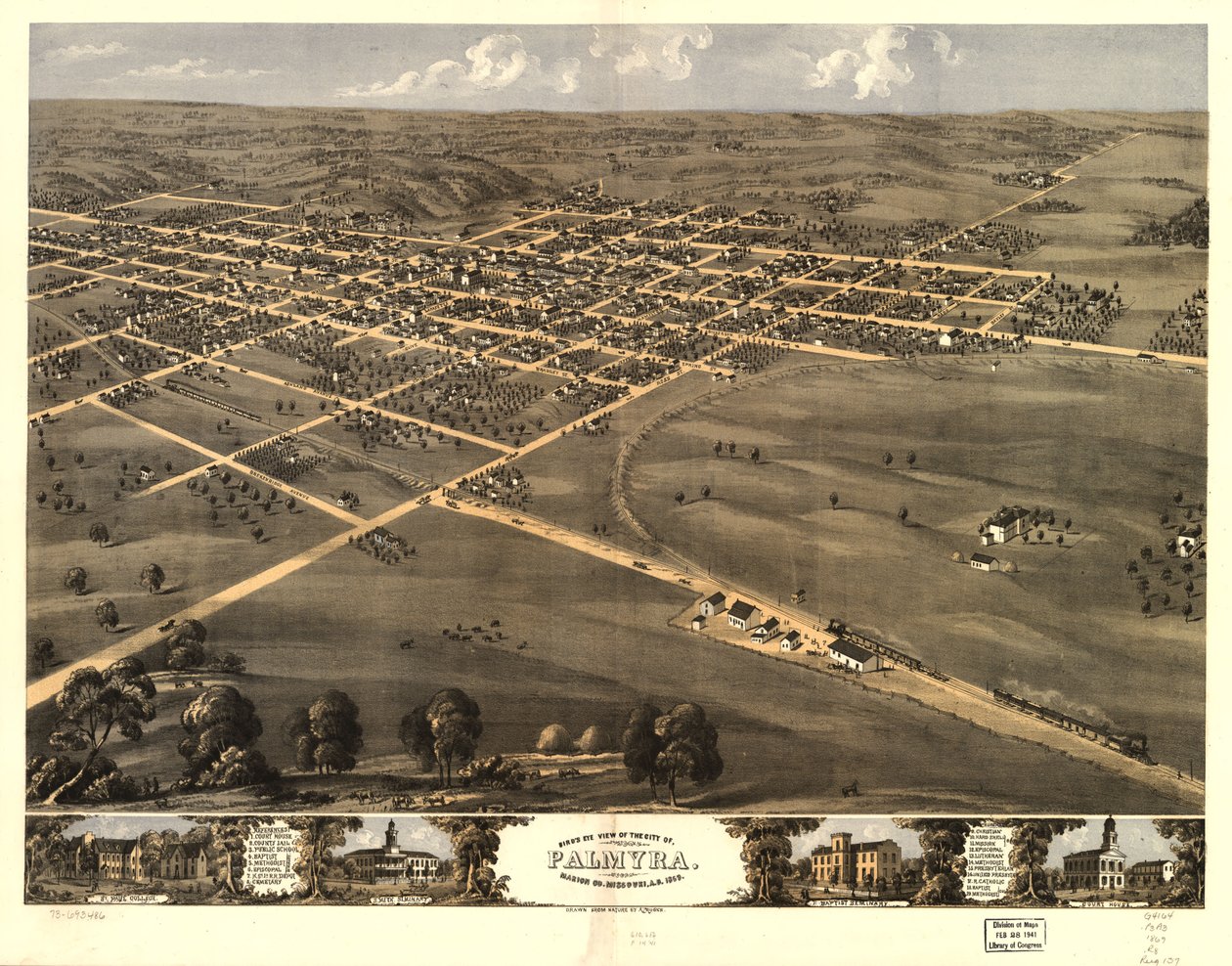 Palmyran kaupunki lintuperspektiivistä, Marion Co., Missouri, 1869. LOC 73693486 tekijältä A. Ruger