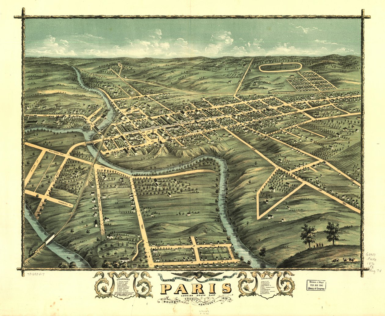Parisin kaupunki lintuperspektiivistä, Bourbonin piirikunta, Kentucky 1870. LOC 73693417 tekijältä A. Ruger