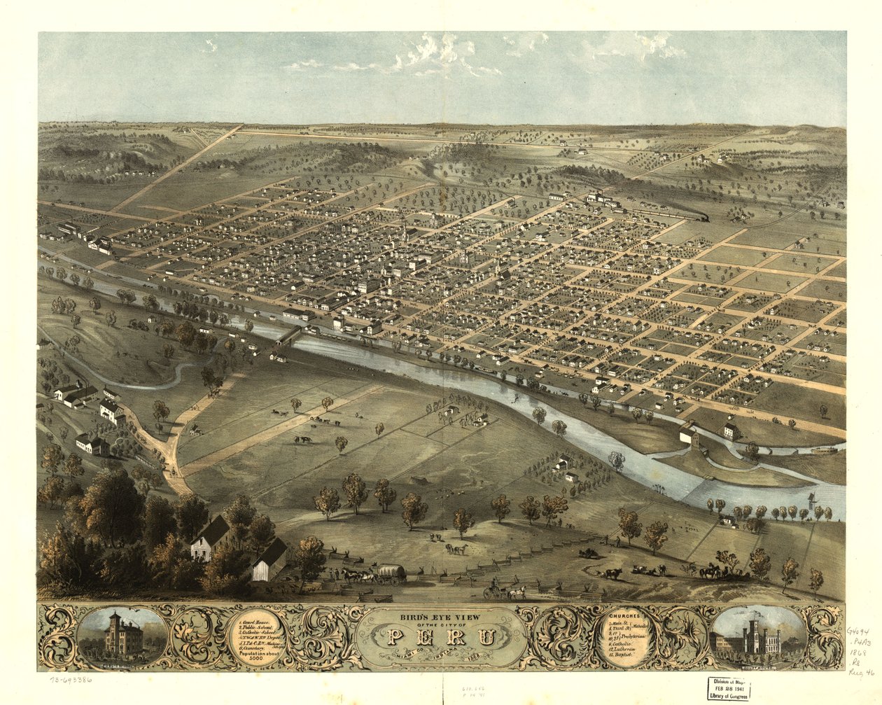 Perun kaupungin lintuperspektiivistä, Miami Co., Indiana 1868. LOC 73693386 tekijältä A. Ruger