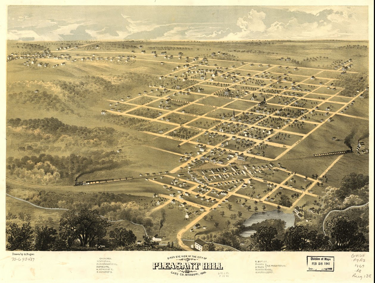 Pleasant Hillin kaupunki lintuperspektiivistä, Cass Co., Missouri 1869. LOC 73693487 tekijältä A. Ruger