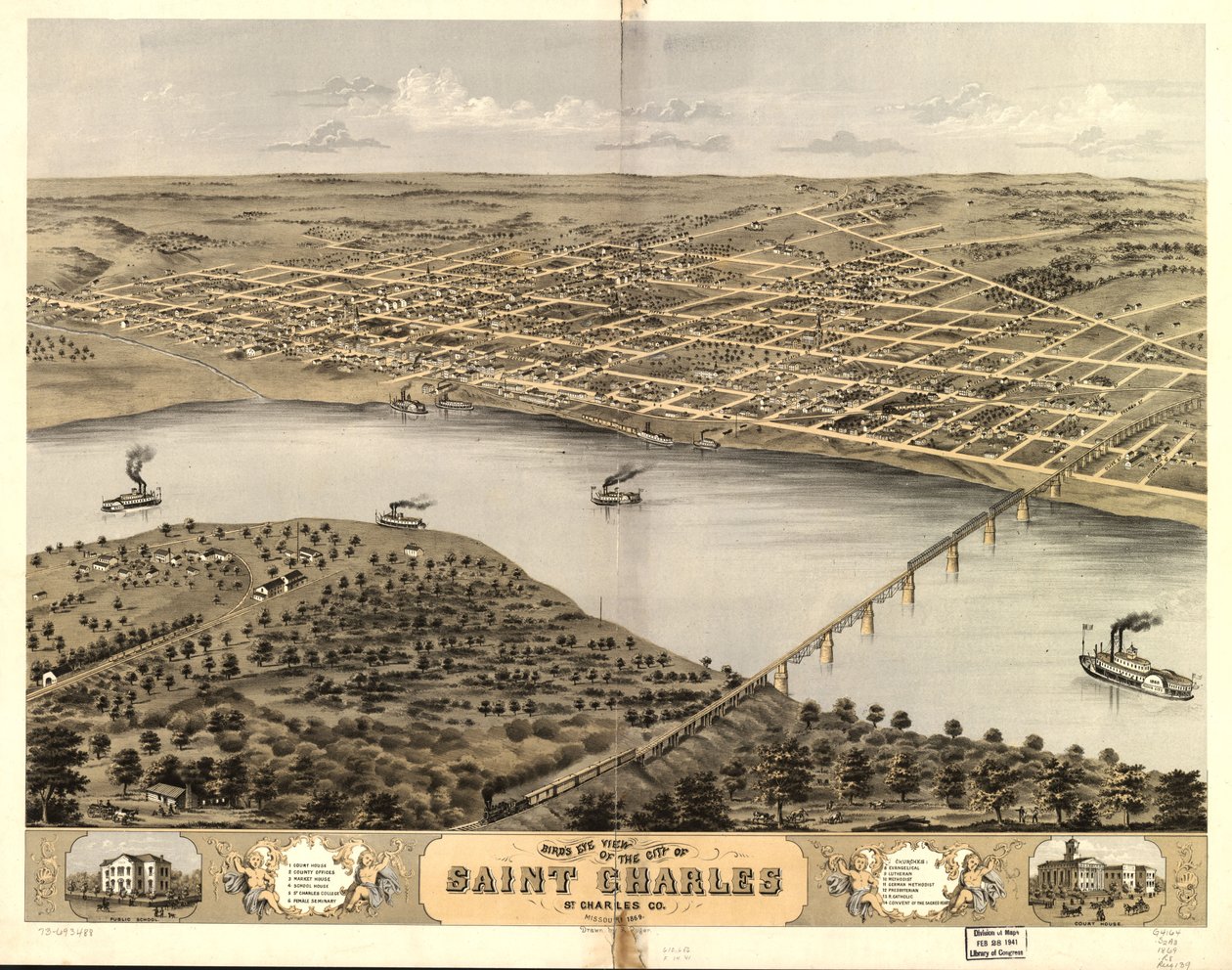 Saint Charlesin kaupunki lintuperspektiivistä, St. Charles Co., Missouri 1869. LOC 73693488 tekijältä A. Ruger