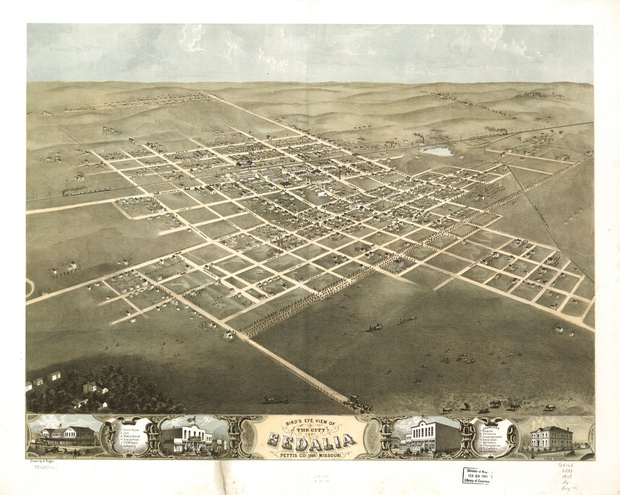 Sedalian kaupunki lintuperspektiivistä, Pettis Co., Missouri 1869. LOC 73693491 tekijältä A. Ruger
