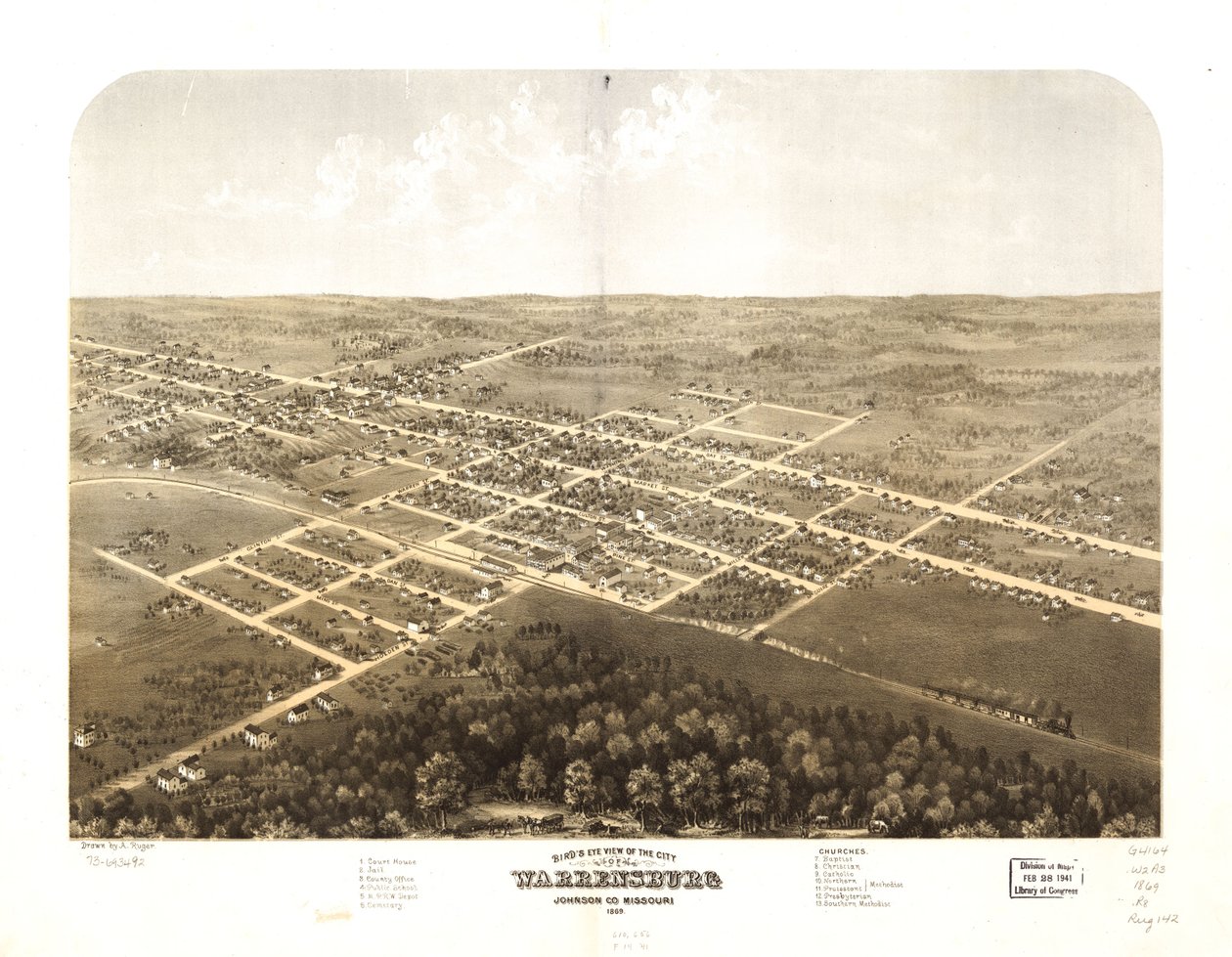 Warrensburgin kaupunki lintuperspektiivistä, Johnson Co., Missouri 1869. LOC 73693492 tekijältä A. Ruger